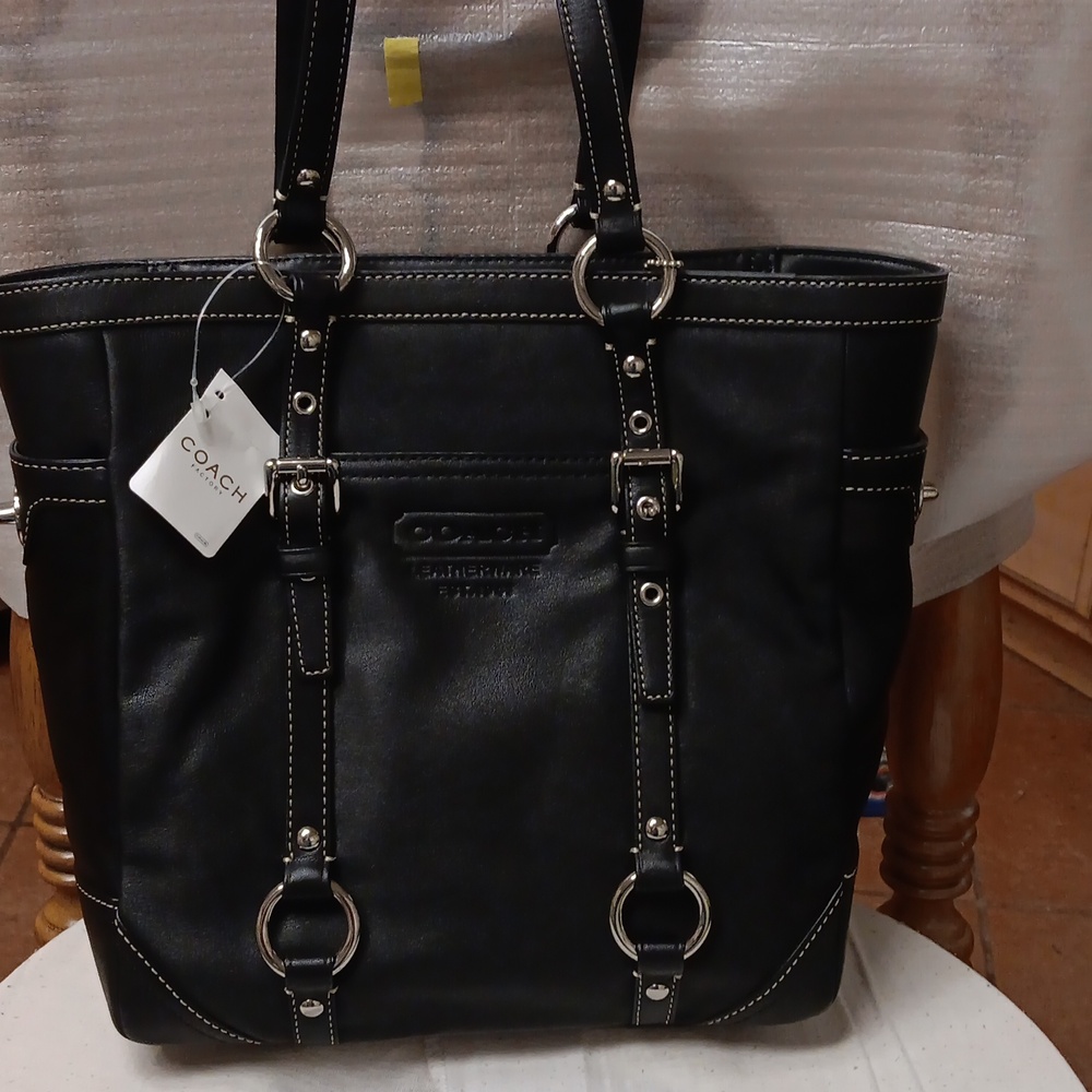 COACH Black Leather Tote with Silver Accents NEW
